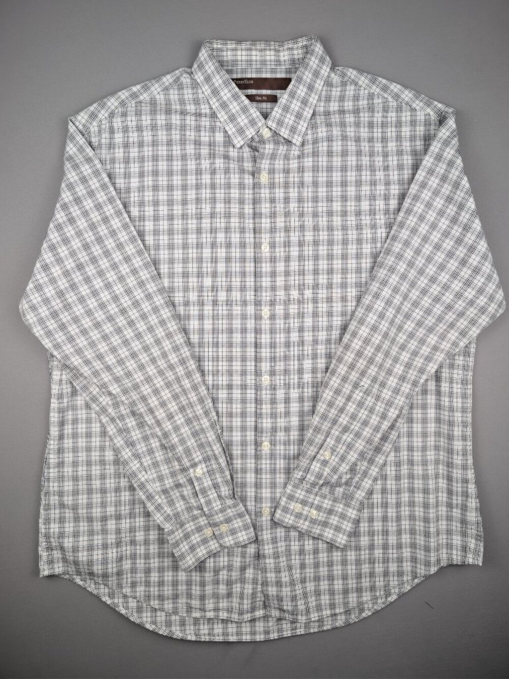 Perry Ellis Slim Fit Men's XL White Grey Plaid Long Sleeve Button Down Shirt